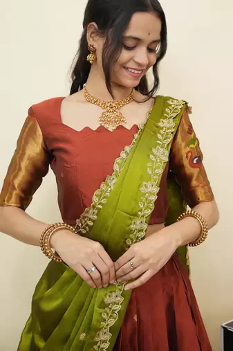 South Indian Style Half Saree With Blouse & Dupatta for Women