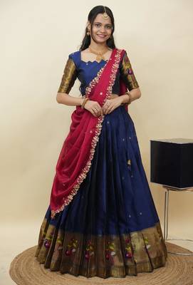 South Indian Style Half Saree With Blouse & Dupatta for Women 1
