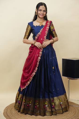 South Indian Style Half Saree With Blouse & Dupatta for Women