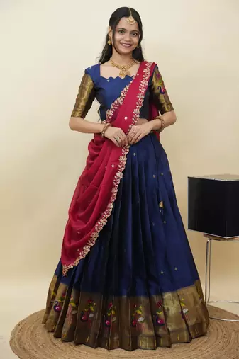 South Indian Style Half Saree With Blouse & Dupatta for Women