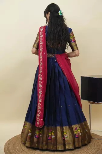 South Indian Style Half Saree With Blouse & Dupatta for Women