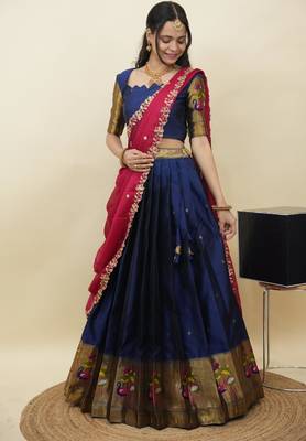 South Indian Style Half Saree With Blouse & Dupatta for Women 3