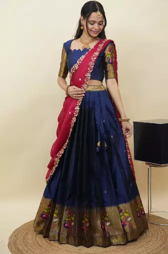 South Indian Style Half Saree With Blouse & Dupatta for Women