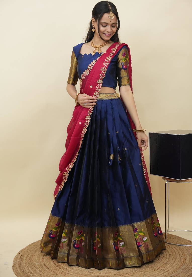 South Indian Style Half Saree With Blouse & Dupatta for Women