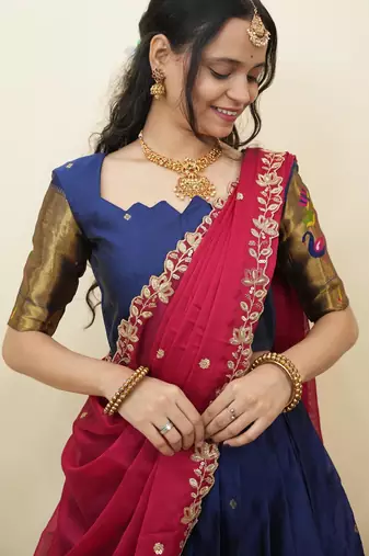 South Indian Style Half Saree With Blouse & Dupatta for Women
