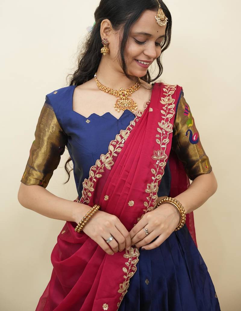 South Indian Style Half Saree With Blouse & Dupatta for Women