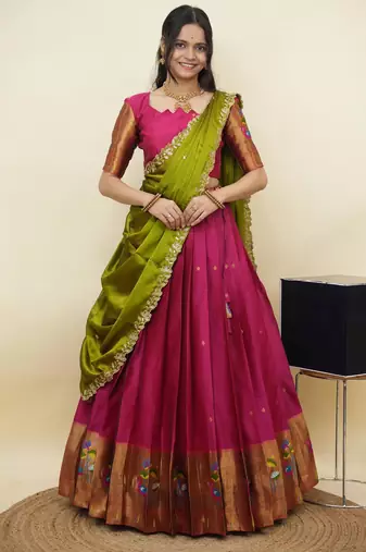 South Indian Style Half Saree With Blouse & Dupatta for Women