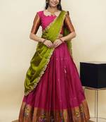 South Indian Style Half Saree With Blouse & Dupatta for Women