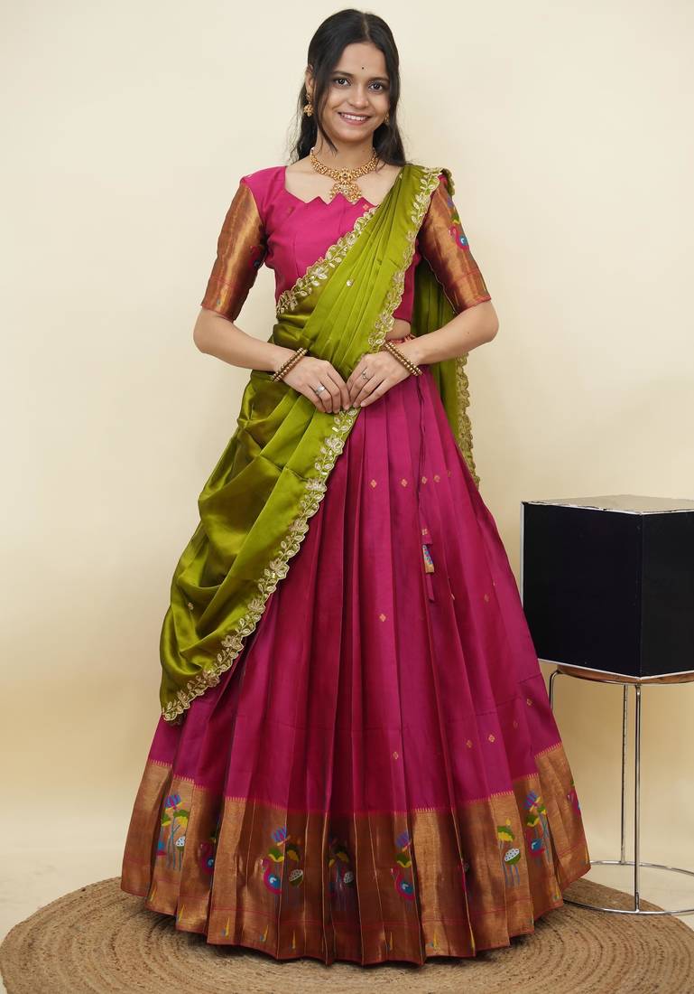 South Indian Style Half Saree With Blouse & Dupatta for Women