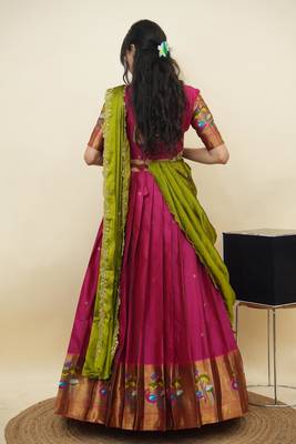 South Indian Style Half Saree With Blouse & Dupatta for Women 2