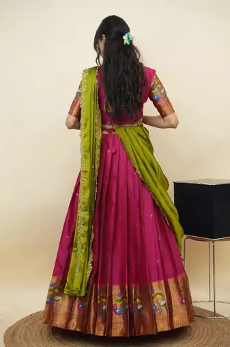 South Indian Style Half Saree With Blouse & Dupatta for Women