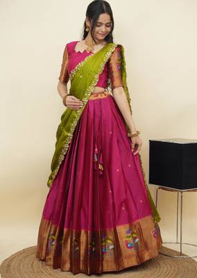 South Indian Style Half Saree With Blouse & Dupatta for Women 3