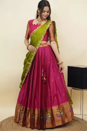 South Indian Style Half Saree With Blouse & Dupatta for Women