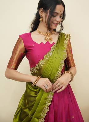 South Indian Style Half Saree With Blouse & Dupatta for Women 4