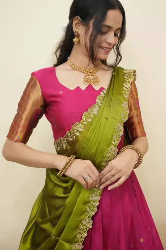 South Indian Style Half Saree With Blouse & Dupatta for Women