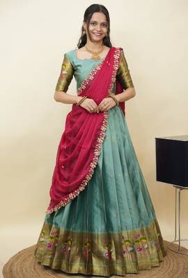 South Indian Style Half Saree With Blouse & Dupatta for Women 1
