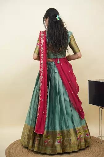 South Indian Style Half Saree With Blouse & Dupatta for Women