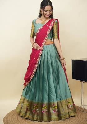 South Indian Style Half Saree With Blouse & Dupatta for Women 3