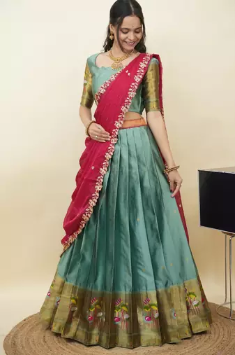 South Indian Style Half Saree With Blouse & Dupatta for Women
