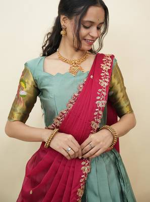 South Indian Style Half Saree With Blouse & Dupatta for Women 4