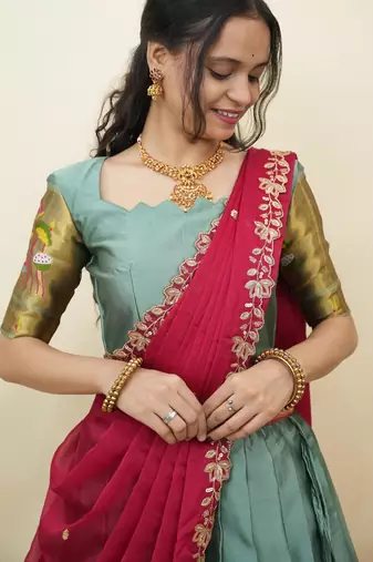 South Indian Style Half Saree With Blouse & Dupatta for Women