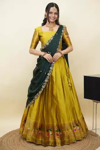 South Indian Style Half Saree With Blouse & Dupatta for Women