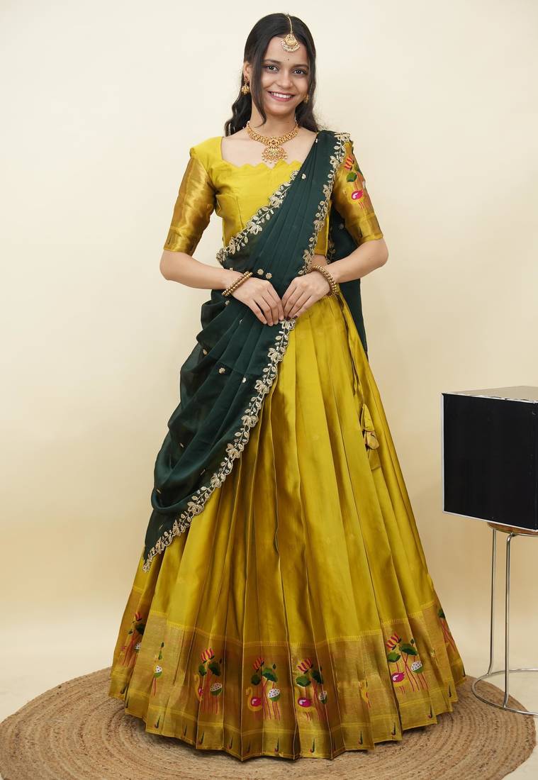 South Indian Style Half Saree With Blouse & Dupatta for Women