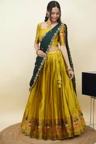 South Indian Style Half Saree With Blouse & Dupatta for Women