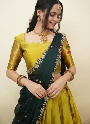 South Indian Style Half Saree With Blouse & Dupatta for Women 4
