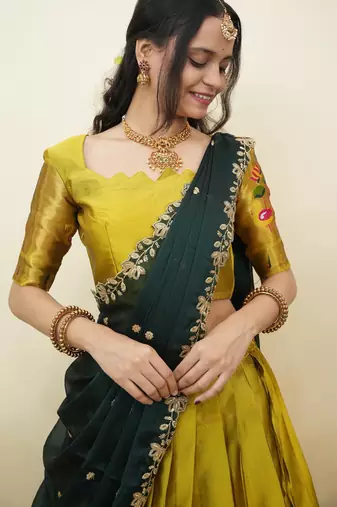 South Indian Style Half Saree With Blouse & Dupatta for Women