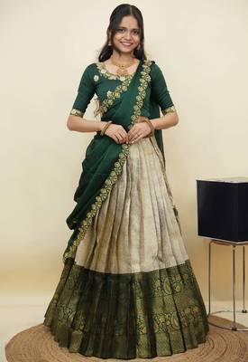 South Indian Style Half Saree With Embroidery Work Blouse & Dupatta for Women 1
