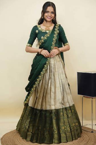 South Indian Style Half Saree With Embroidery Work Blouse & Dupatta for Women