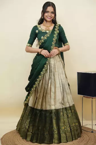 South Indian Style Half Saree With Embroidery Work Blouse & Dupatta for Women
