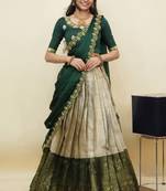 South Indian Style Half Saree With Embroidery Work Blouse & Dupatta for Women