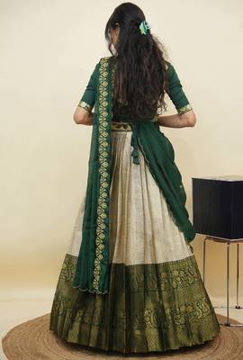 South Indian Style Half Saree With Embroidery Work Blouse & Dupatta for Women 2