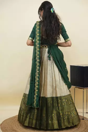 South Indian Style Half Saree With Embroidery Work Blouse & Dupatta for Women