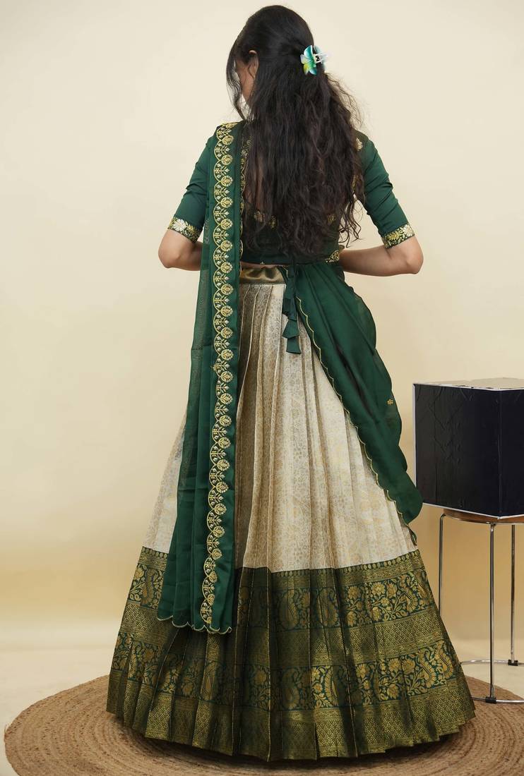 South Indian Style Half Saree With Embroidery Work Blouse & Dupatta for Women