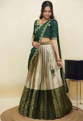 South Indian Style Half Saree With Embroidery Work Blouse & Dupatta for Women 3