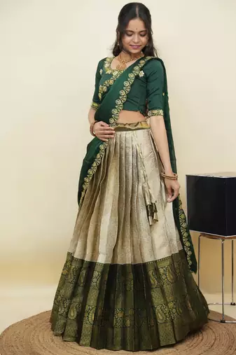 South Indian Style Half Saree With Embroidery Work Blouse & Dupatta for Women