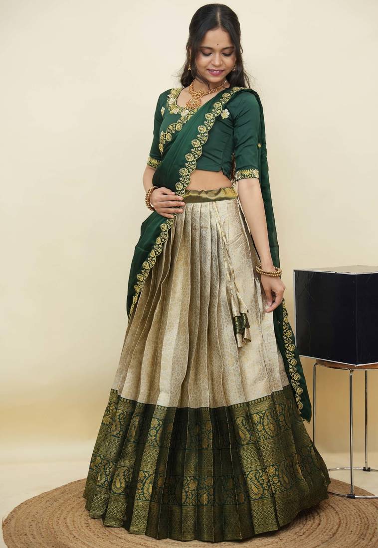 South Indian Style Half Saree With Embroidery Work Blouse & Dupatta for Women