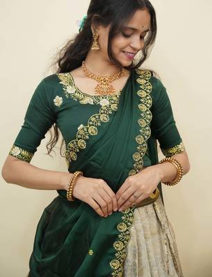 South Indian Style Half Saree With Embroidery Work Blouse & Dupatta for Women 4
