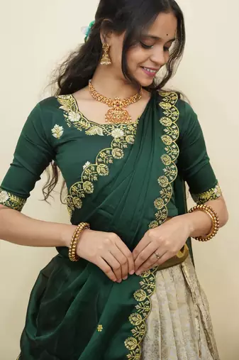 South Indian Style Half Saree With Embroidery Work Blouse & Dupatta for Women