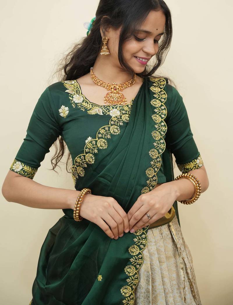 South Indian Style Half Saree With Embroidery Work Blouse & Dupatta for Women