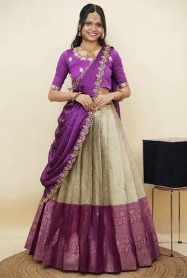 South Indian Style Half Saree With Embroidery Work Blouse & Dupatta for Women 1