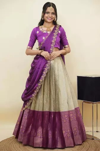 South Indian Style Half Saree With Embroidery Work Blouse & Dupatta for Women