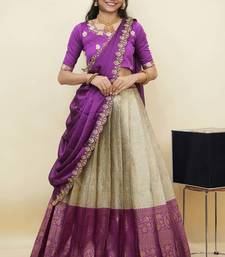South Indian Style Half Saree With Embroidery Work Blouse & Dupatta for Women