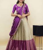 South Indian Style Half Saree With Embroidery Work Blouse & Dupatta for Women