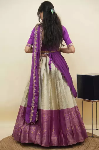 South Indian Style Half Saree With Embroidery Work Blouse & Dupatta for Women