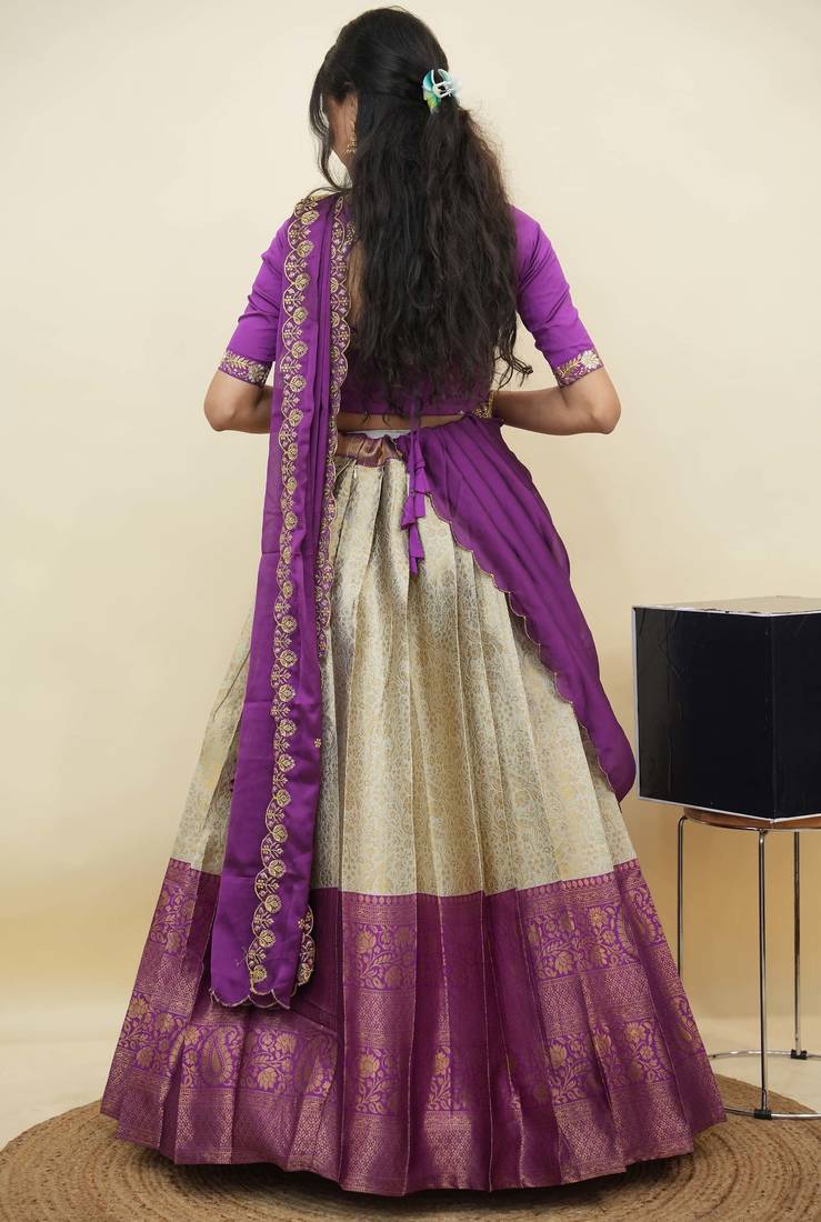 South Indian Style Half Saree With Embroidery Work Blouse & Dupatta for Women