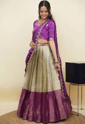 South Indian Style Half Saree With Embroidery Work Blouse & Dupatta for Women 3